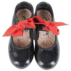 Capezio Sz 8M Black Patent Vegan Leather Red Grosgrain Bow Girls Tap Shoe